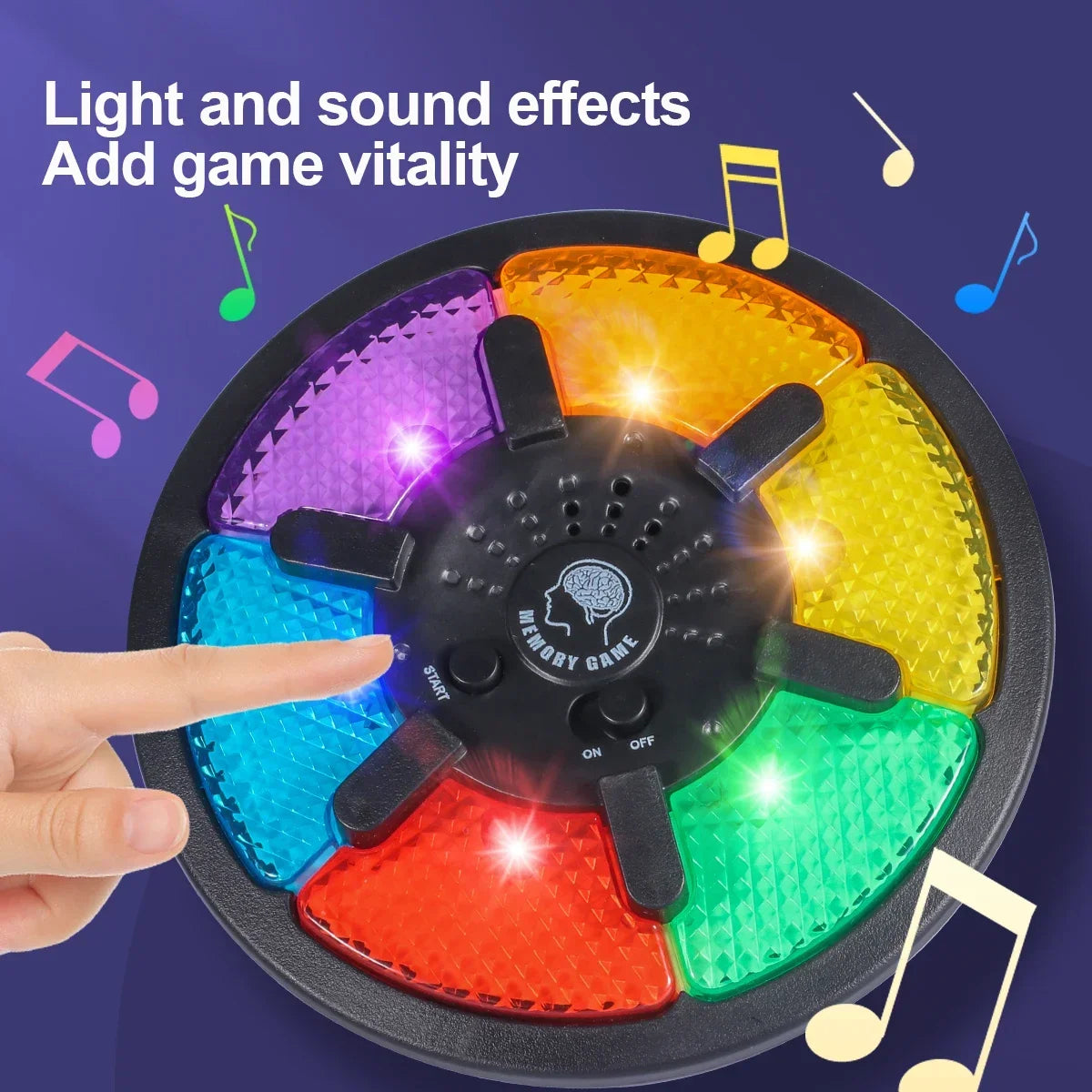 Handheld electronic memory game with colorful light-up buttons in red, blue, green, and yellow, featuring sound effects.
