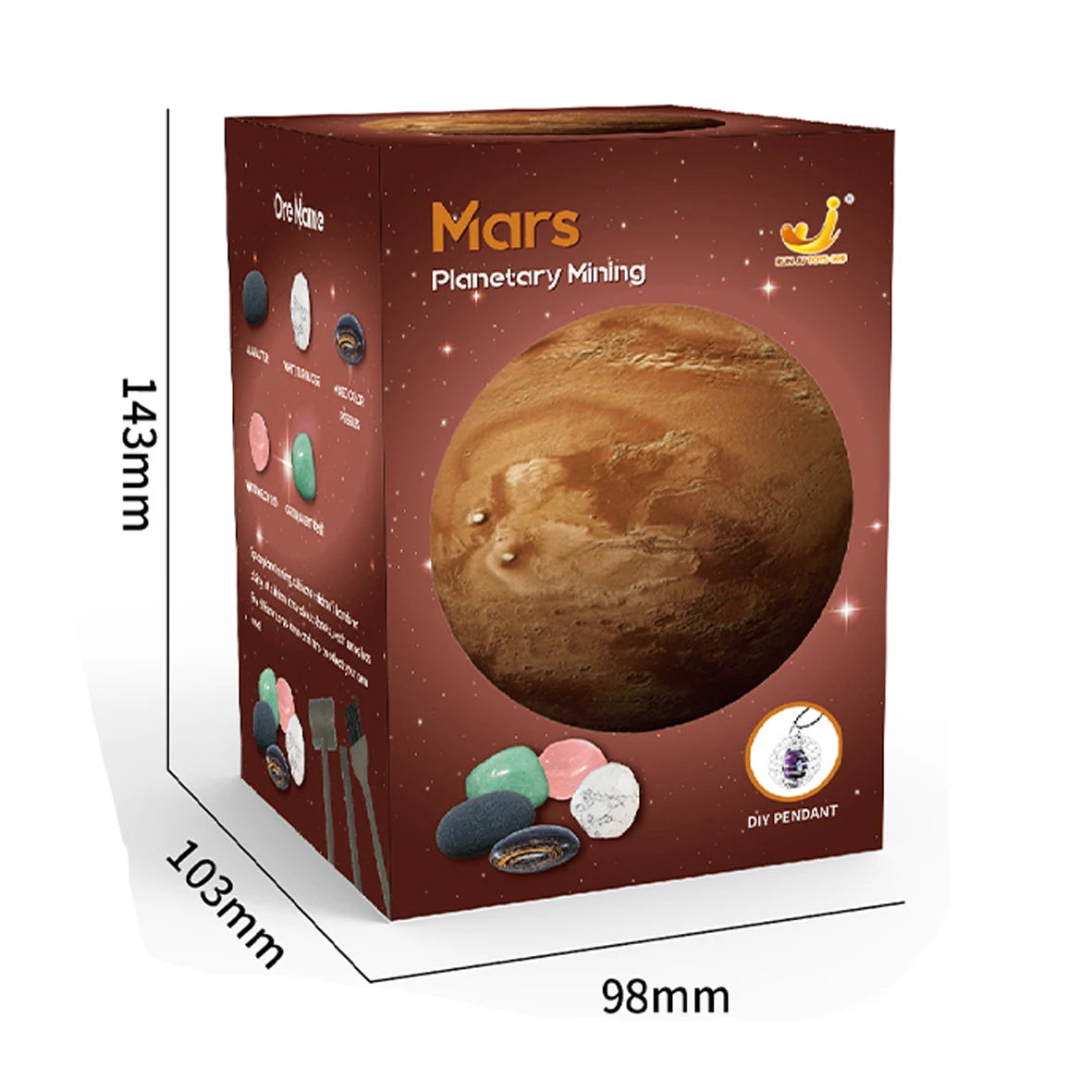Mars planetary mining toy box featuring a Mars planet image and colorful gem illustrations, dimensions listed.