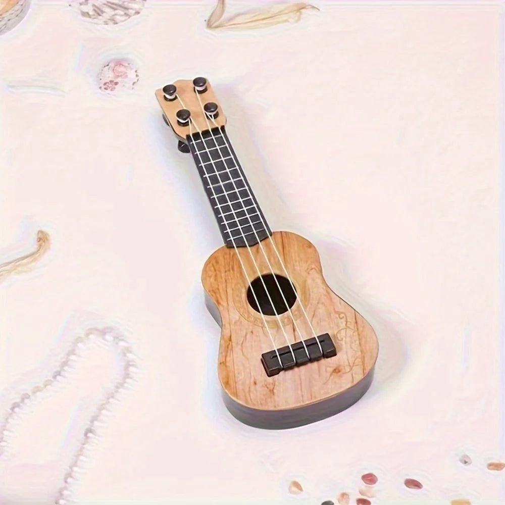 Mini classical ukulele guitar toy with a light wood finish and black strings, suitable for kids' play.