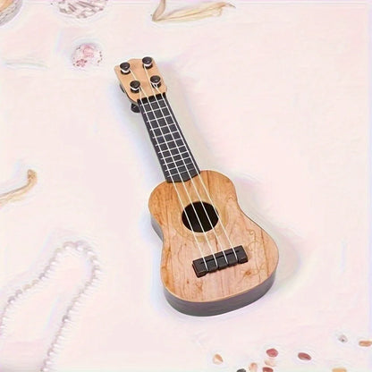 Mini classical ukulele guitar toy with a light wood finish and black strings, suitable for kids' play.