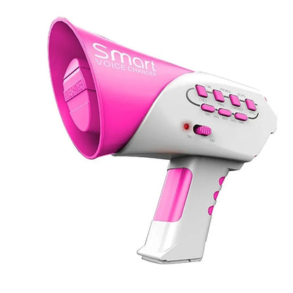 Pink electric megaphone with buttons and a voice changer feature, designed for kids' roleplay and pranks.