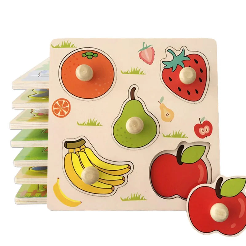 Wooden puzzle board featuring colorful fruit shapes like apples, bananas, and strawberries with knobs for easy handling.