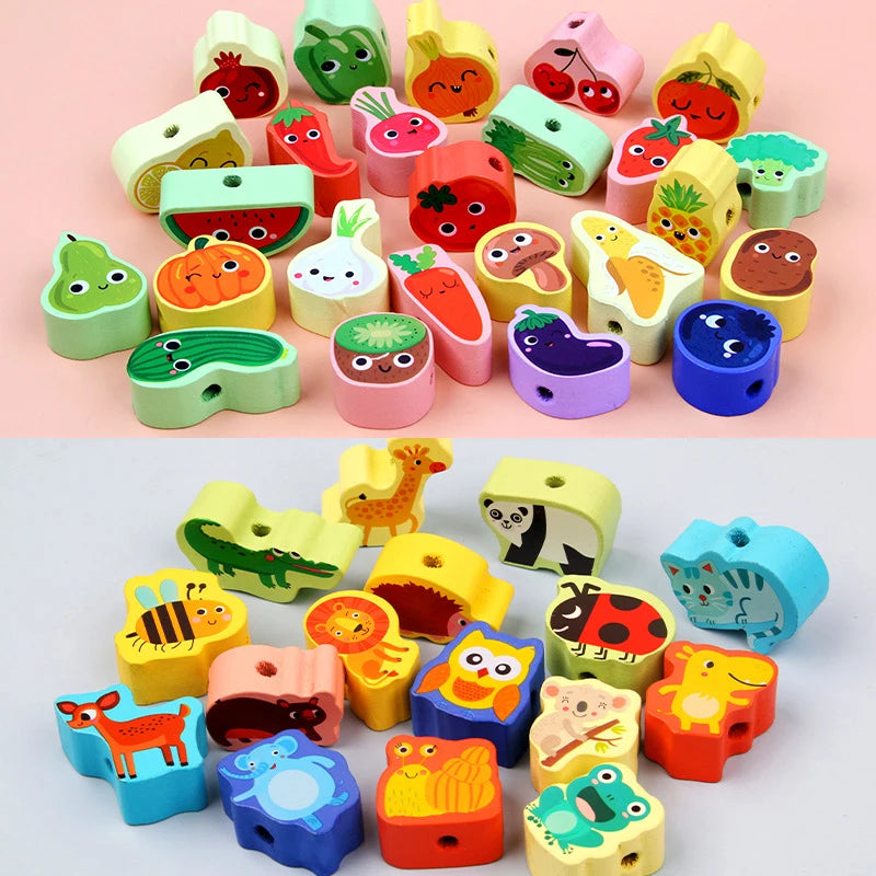 Colorful wooden beads in various fruit and animal shapes, suitable for threading and educational play.