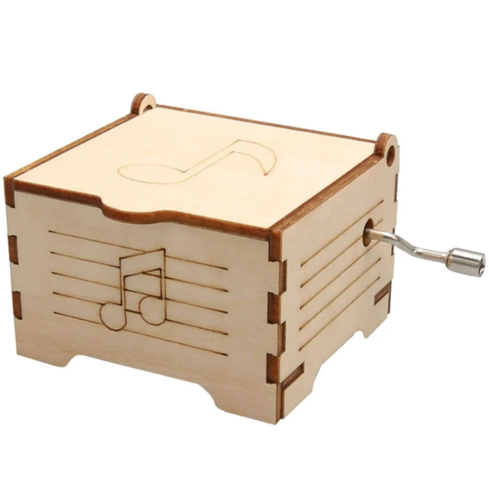Wooden music box with a musical note design, featuring a hand-crank mechanism for playing tunes.