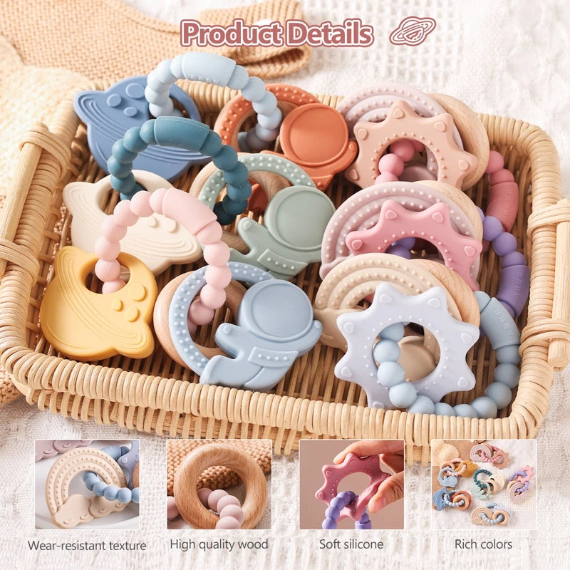 Colorful silicone teething rings in various shapes, arranged in a woven basket, featuring soft textures and playful designs.