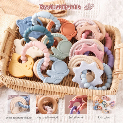 Colorful silicone teething rings in various shapes, arranged in a woven basket, featuring soft textures and playful designs.