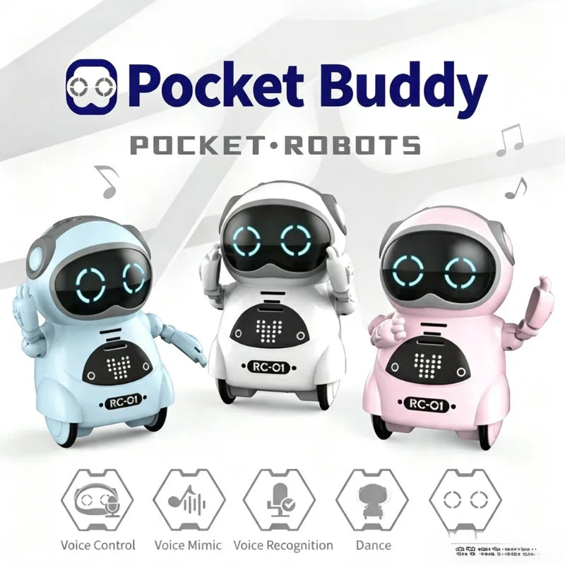 Three colorful mini robot toys in blue and pink, featuring large eyes, wheels, and buttons, labeled 'Pocket Buddy'.