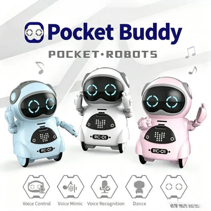 Three colorful mini robot toys in blue and pink, featuring large eyes, wheels, and buttons, labeled 'Pocket Buddy'.