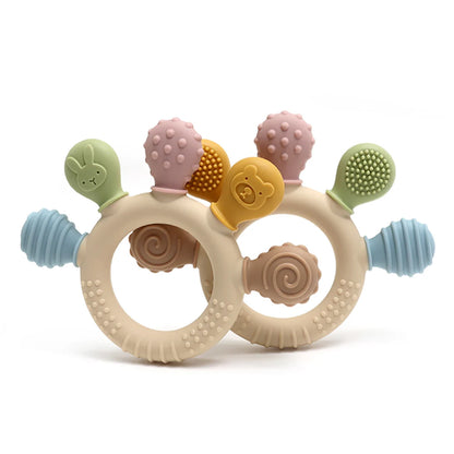 Silicone baby teether with colorful textured ends, featuring animal shapes and soft beads for sensory relief.