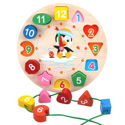 Wooden number puzzle clock with colorful shapes and a penguin design, featuring numbers 1-12 and a movable clock hand.