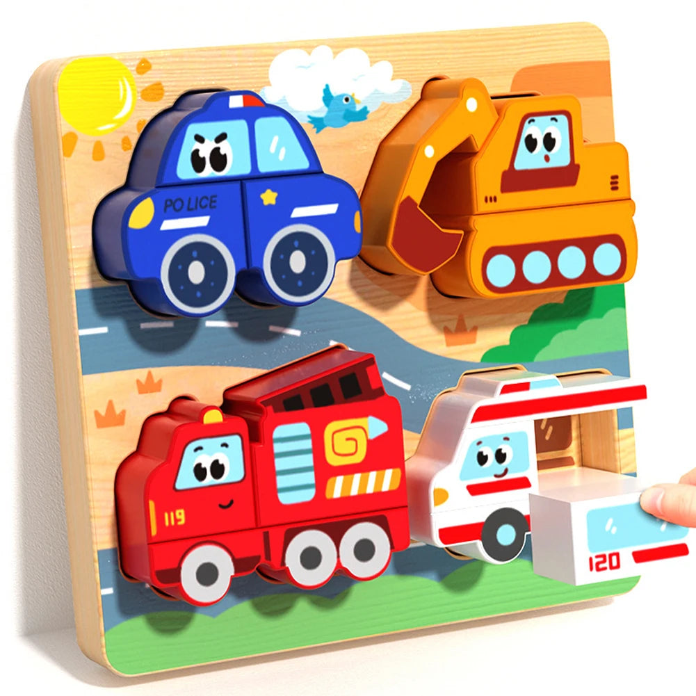 Colorful wooden puzzle with cartoon vehicles including a police car, excavator, fire truck, and ambulance on a scenic
