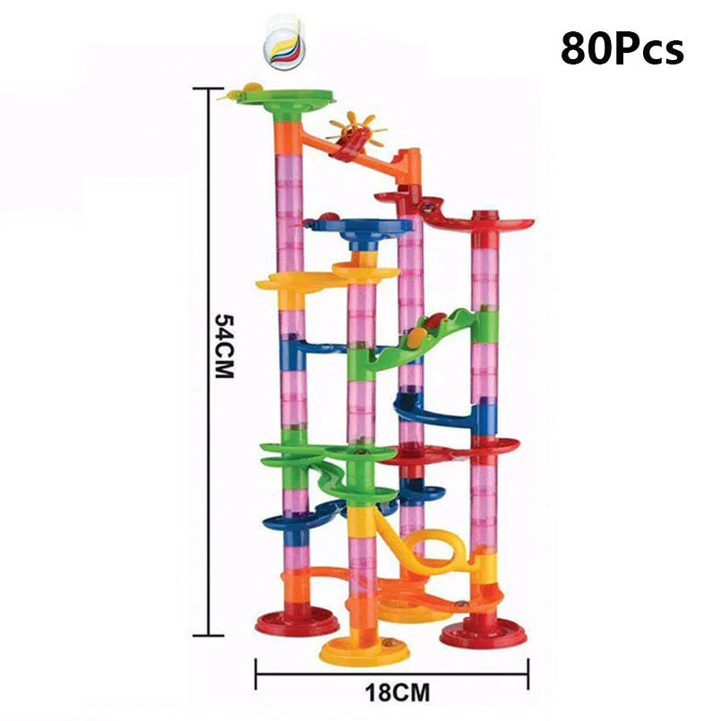 Colorful marble run track with various heights and curves, featuring yellow, green, pink, and blue pieces, 80 pcs set.