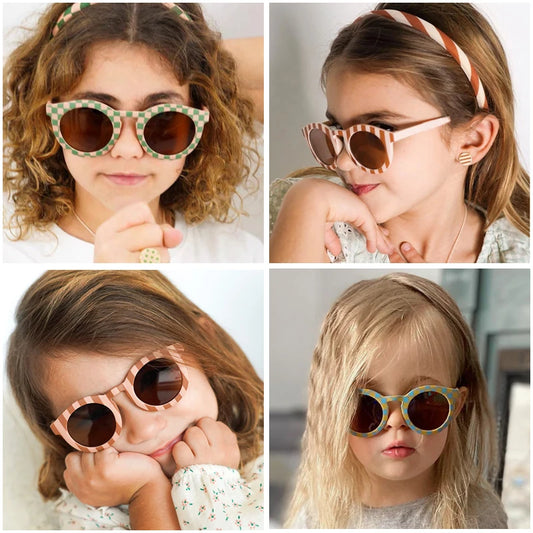 2025 New Kids Cute Checker Panel Color Round UV400 Sunglasses Baby Girls Outdoor Sun Protection Sunglasses Children Sun Glasses