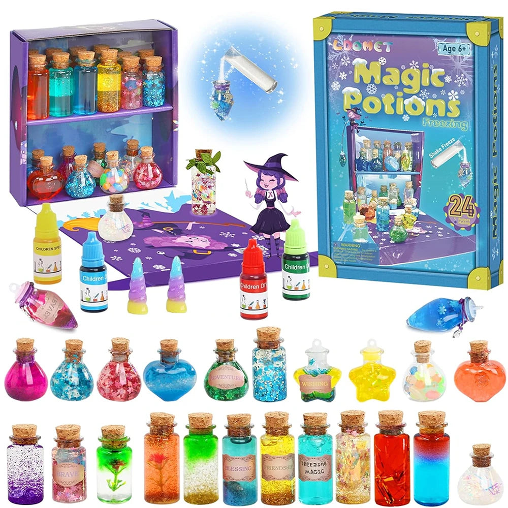Colorful potion bottles in various shapes, glitter, and liquids, with a box featuring a fairy theme and a witch illustration.