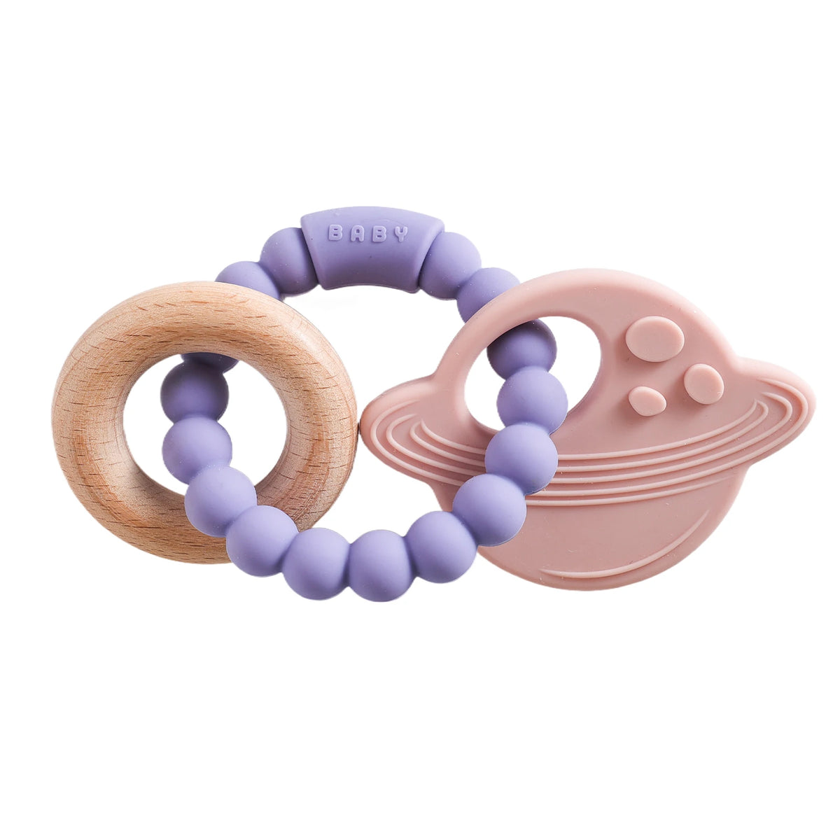 Silicone teether featuring a pink planet shape, wooden ring, and purple beads, designed for babies.