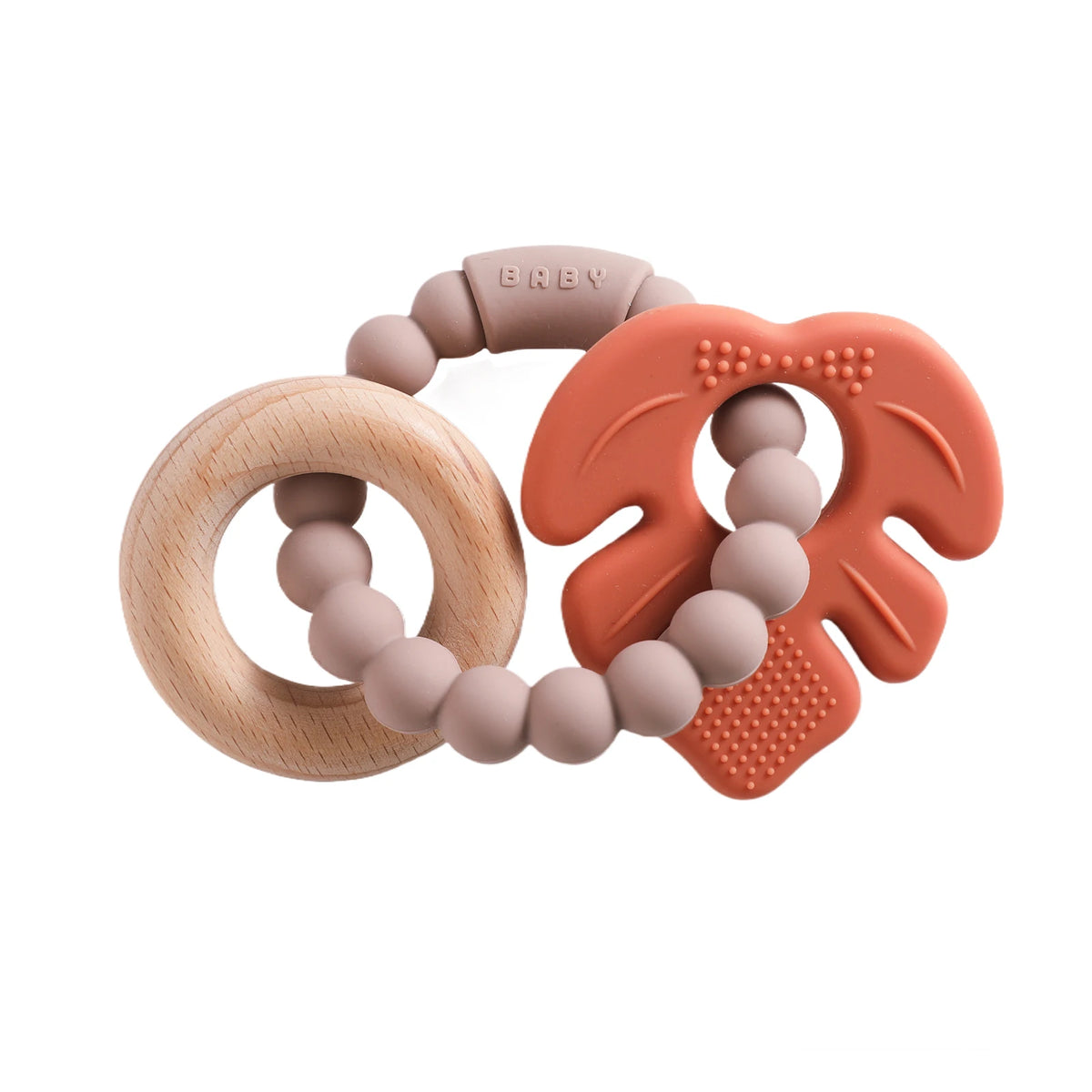 Silicone teether with a wooden ring, soft beads, and a palm leaf shape in earthy tones, designed for infants.