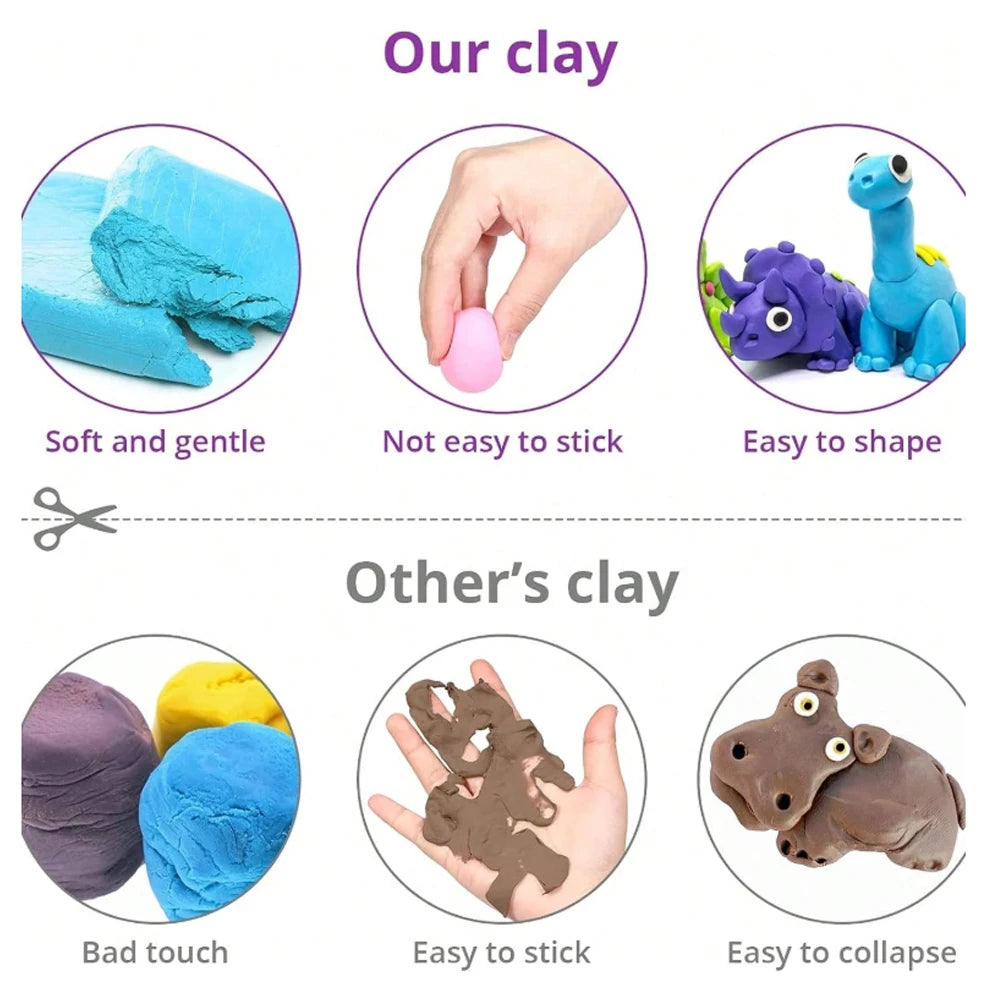Colorful air-dry clay samples with hands demonstrating texture, featuring playful dinosaur figures made from clay.