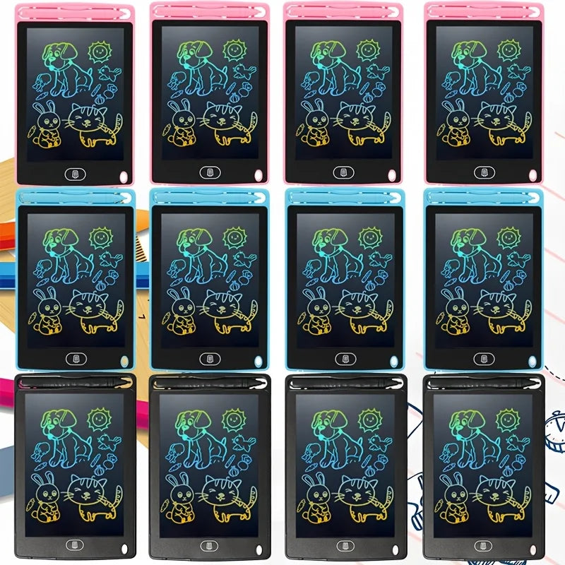 12 colorful LCD writing tablets arranged in a grid, featuring doodles of animals and sun, with pink and blue borders.