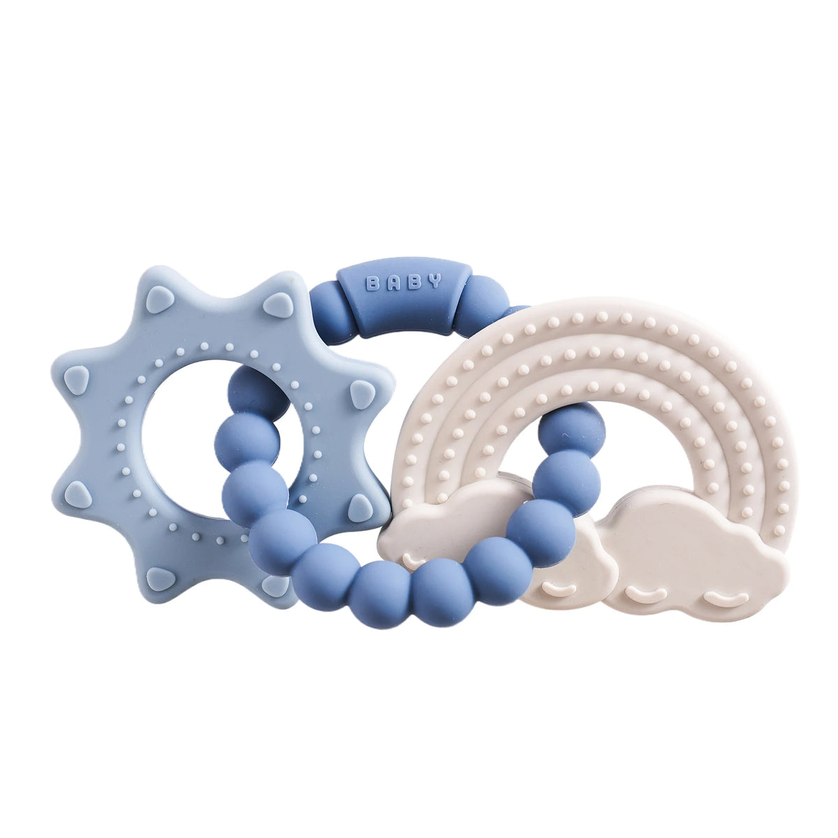 Silicone teether in blue and white, featuring sun, rainbow, and cloud shapes with textured beads.