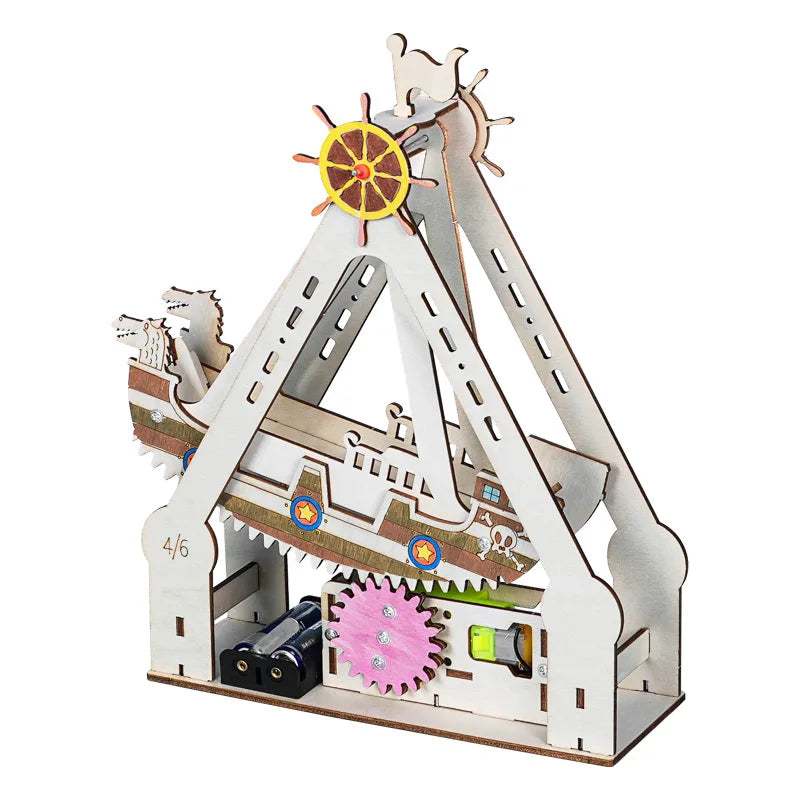Pirate ship model kit with colorful details, gears, and battery compartment, designed for DIY assembly and STEM learning.