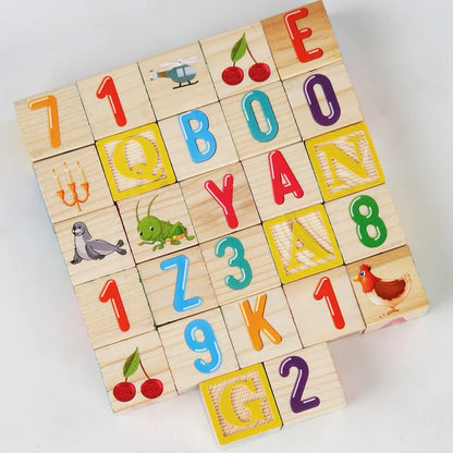 27 wooden blocks featuring letters, numbers, and colorful cartoon illustrations for educational play.