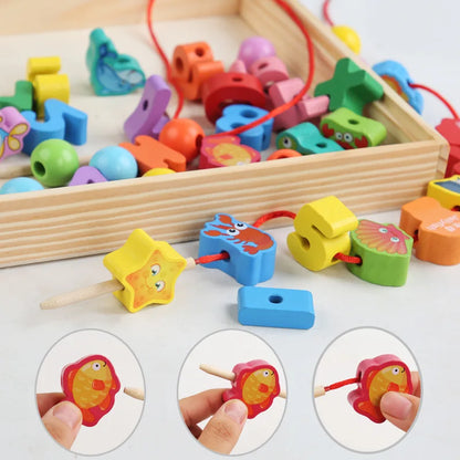 Colorful wooden beads in various shapes and animals, with a threading string and a wooden stick for kids' play.
