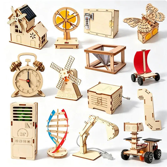 Various DIY science toys including a windmill, clock, and butterfly, made from wood, showcasing educational STEM projects.