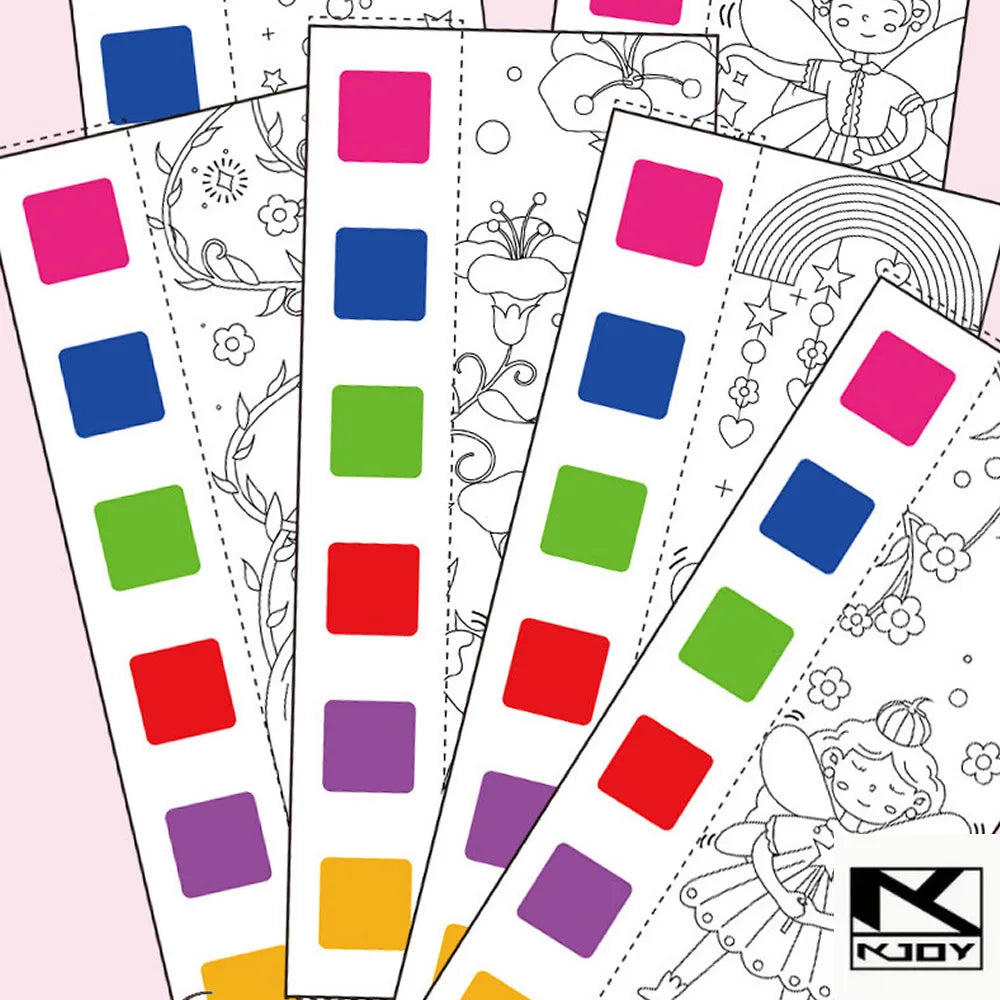 Colorful watercolor painting book pages with outlines for kids, featuring various designs and a paint brush.