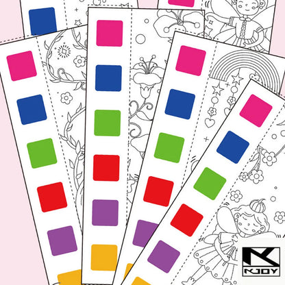 Colorful watercolor painting book pages with outlines for kids, featuring various designs and a paint brush.