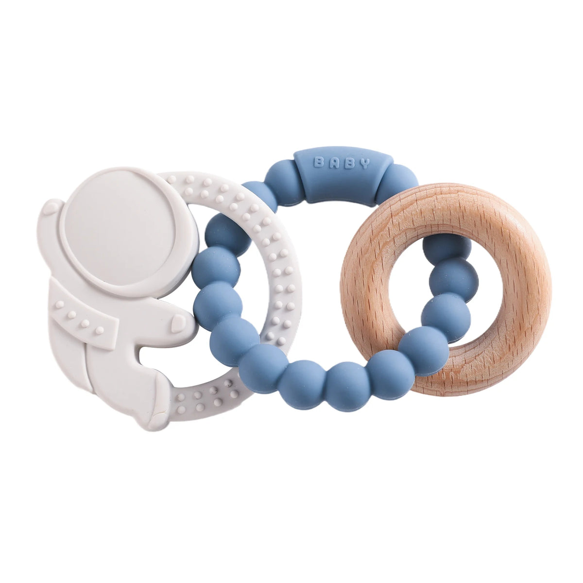 Silicone teether in astronaut shape with blue and wooden beads, designed for babies and toddlers.