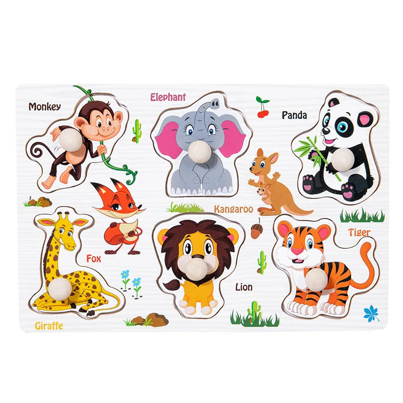 Wooden puzzle board featuring colorful animal shapes including a monkey, elephant, panda, and lion with knobs for easy