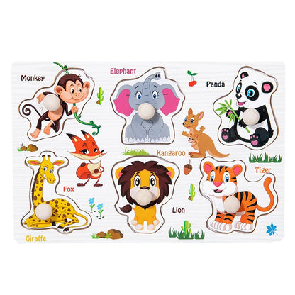 Wooden puzzle board featuring colorful animal shapes including a monkey, elephant, panda, and lion with knobs for easy