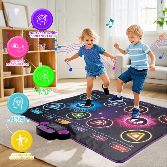 Interactive dance mat with colorful game icons, two children dancing, and music controls visible.