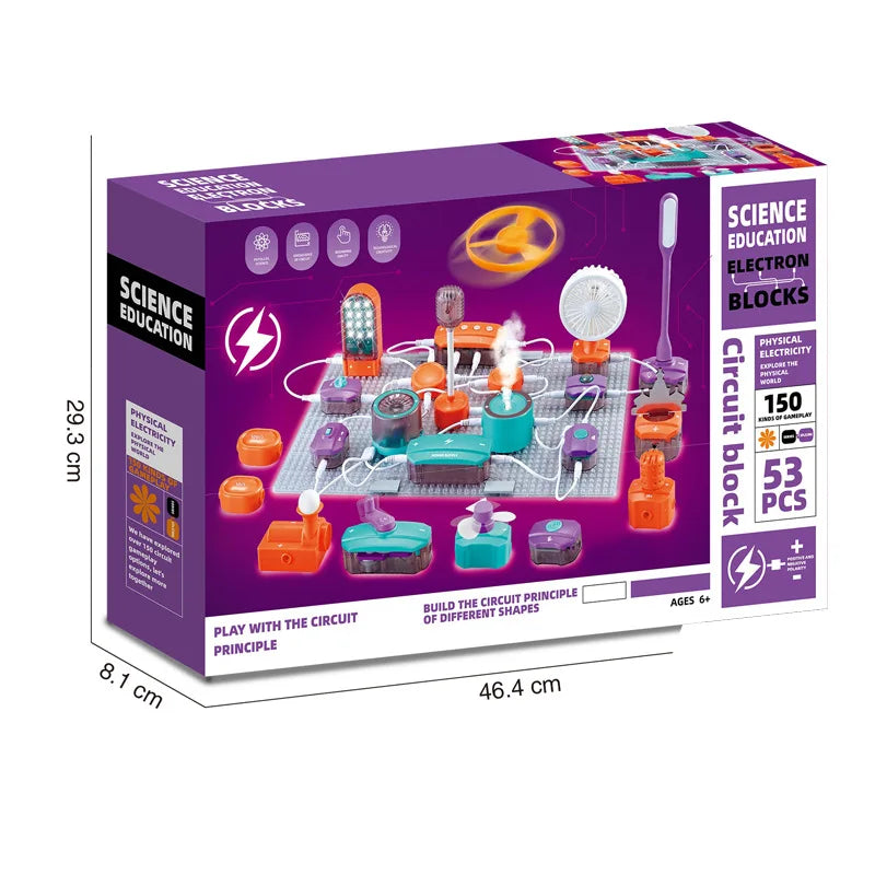 Colorful electronic building blocks set with various components for physics experiments, 53 pieces included.
