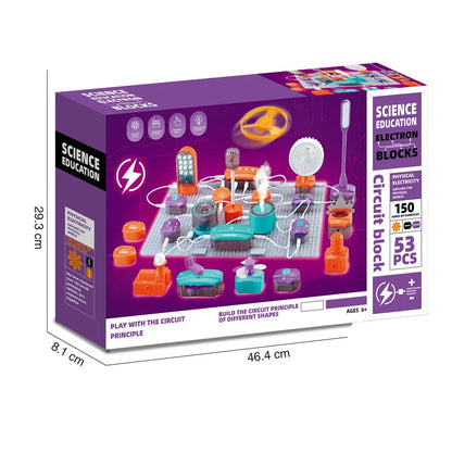 Colorful electronic building blocks set with various components for physics experiments, 53 pieces included.