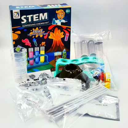 STEM educational toy set with colorful experiment tools, test tubes, and a volcano model in packaging.