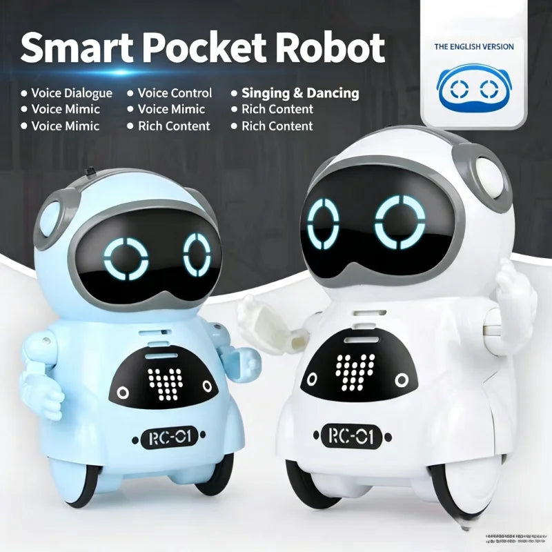 Two mini pocket robot toys in blue and white, featuring glowing eyes and buttons, designed for interactive play.