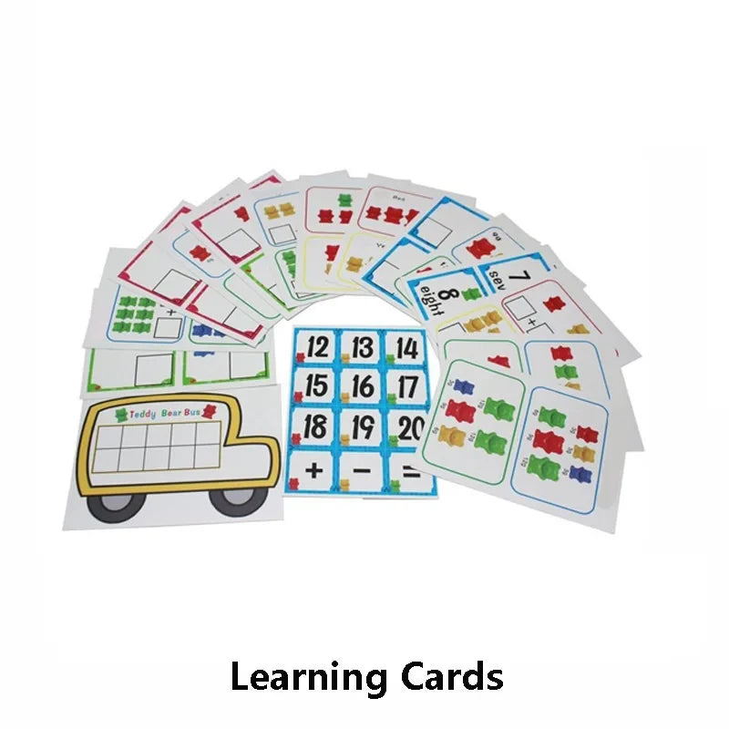Colorful learning cards featuring numbers, bears, and a bus design, arranged in a fan shape.