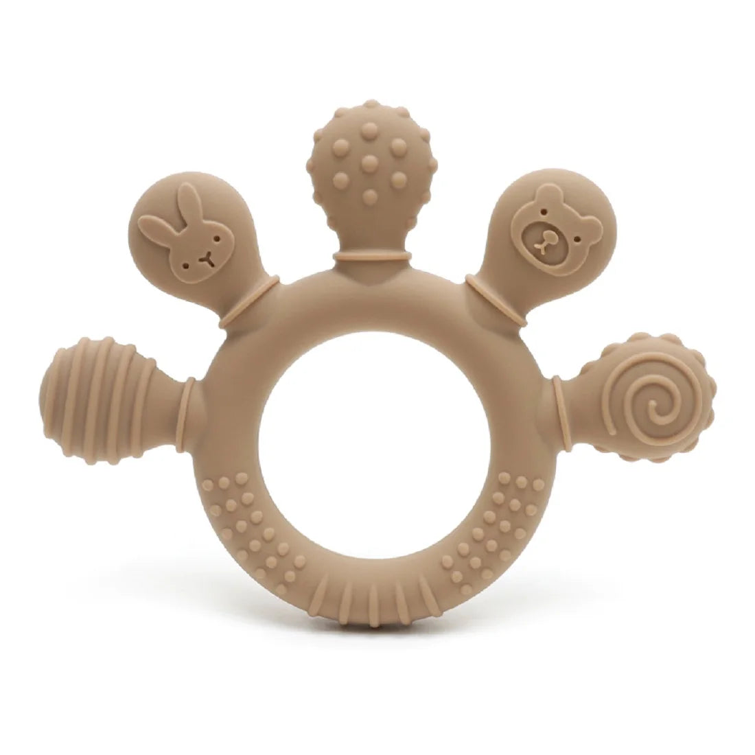 Light brown silicone baby teether with various textured shapes, including a bunny and bear design, for sensory relief.
