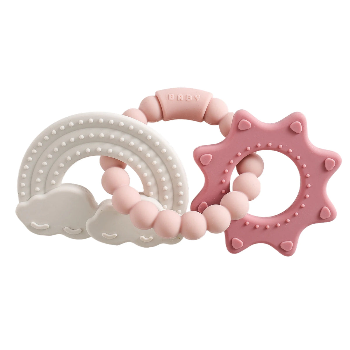 Silicone teether featuring a rainbow and cloud design in white and pink, with round beads and a star shape.