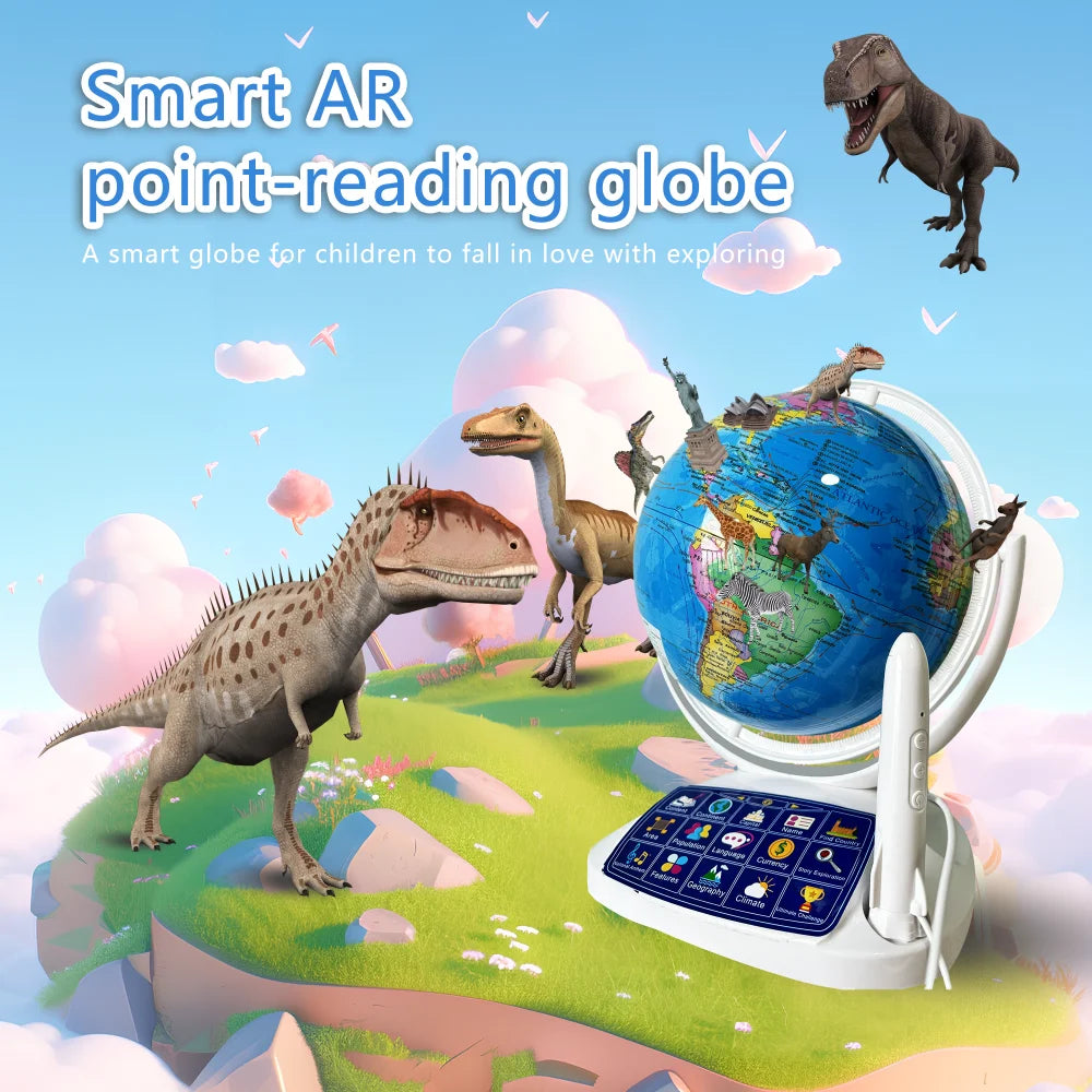 Colorful 11-inch globe with dinosaurs, LED lights, and interactive features on a white base, designed for kids.