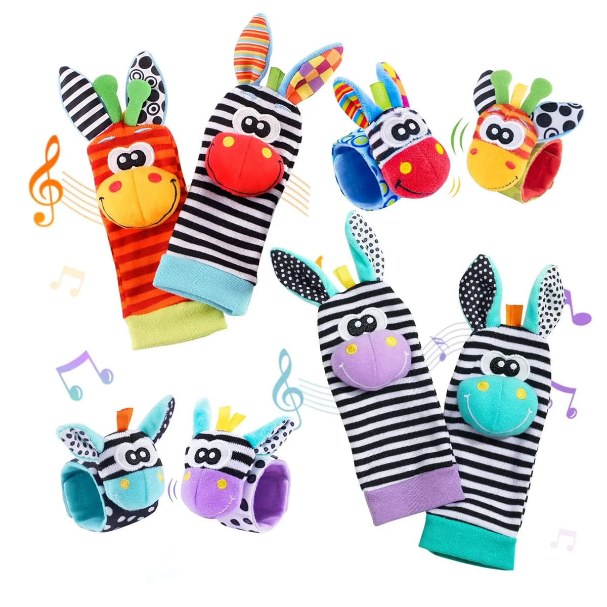 Colorful baby wrist rattles and socks featuring animal designs with stripes and playful patterns, sensory toys for infants.