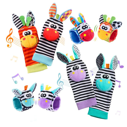 Colorful baby wrist rattles and socks featuring animal designs with stripes and playful patterns, sensory toys for infants.