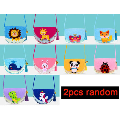 Colorful DIY shoulder bags featuring animal designs like a lion, deer, butterfly, and panda, with tassels and straps.