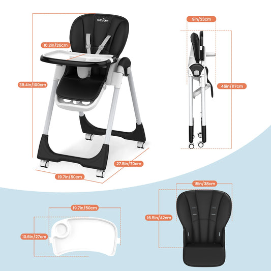 Sejoy Adjustable Baby High Chair with 5-Point Harness 3-Tier Tray & Wheels CE/CPC Certified Children's Dining Chair