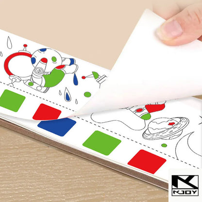 Portable watercolor painting book with colorful illustrations, showing a hand turning a page, logo visible.