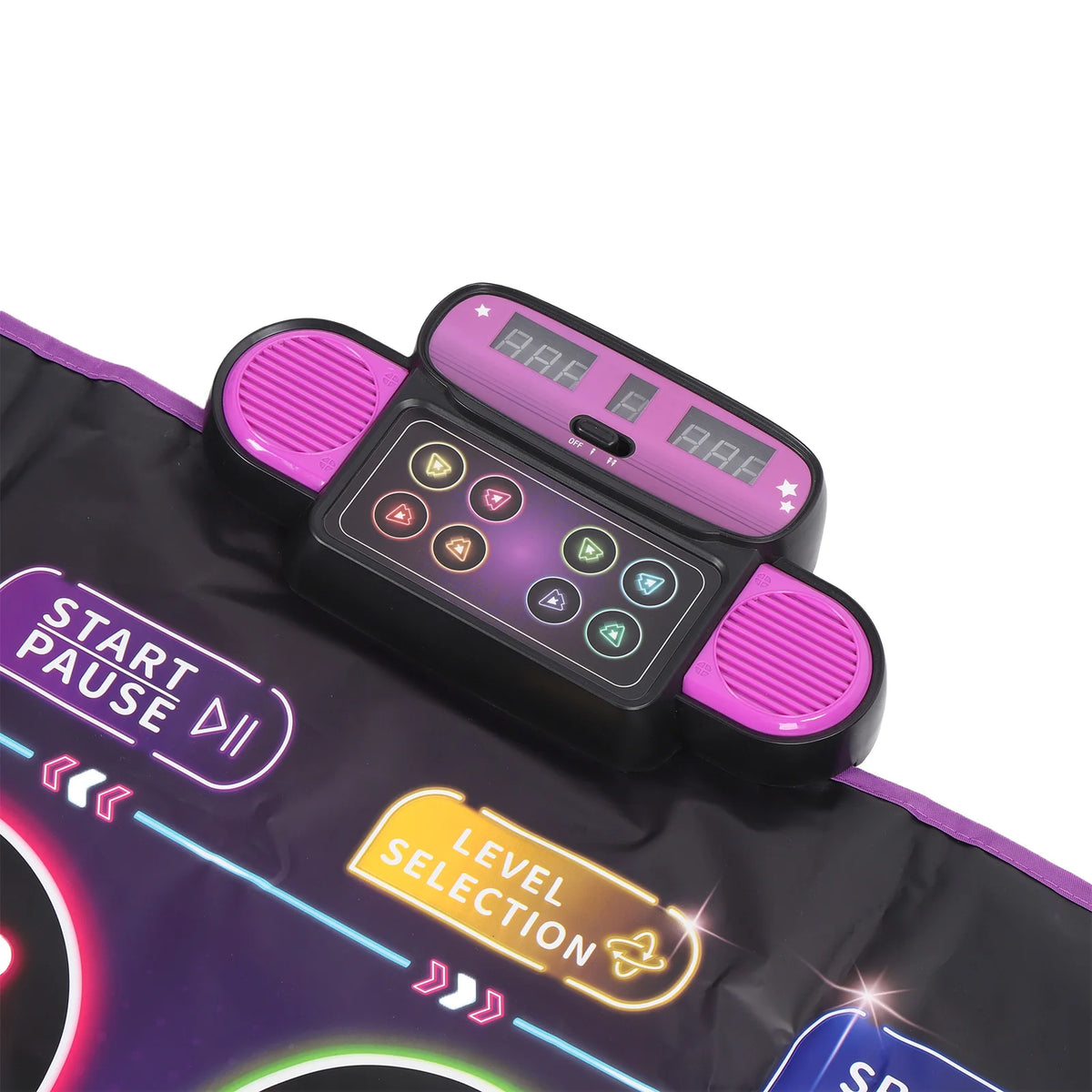 Interactive dance game mat with control panel, colorful buttons, and music features for dual players.