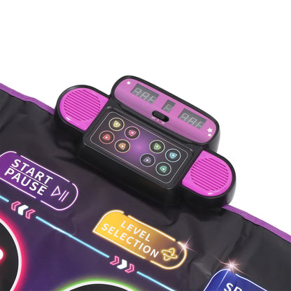 Interactive dance game mat with control panel, colorful buttons, and music features for dual players.