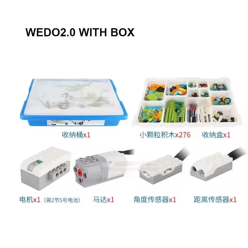 WeDo 2.0 robotics kit in a blue storage box with various building blocks and components for educational play.
