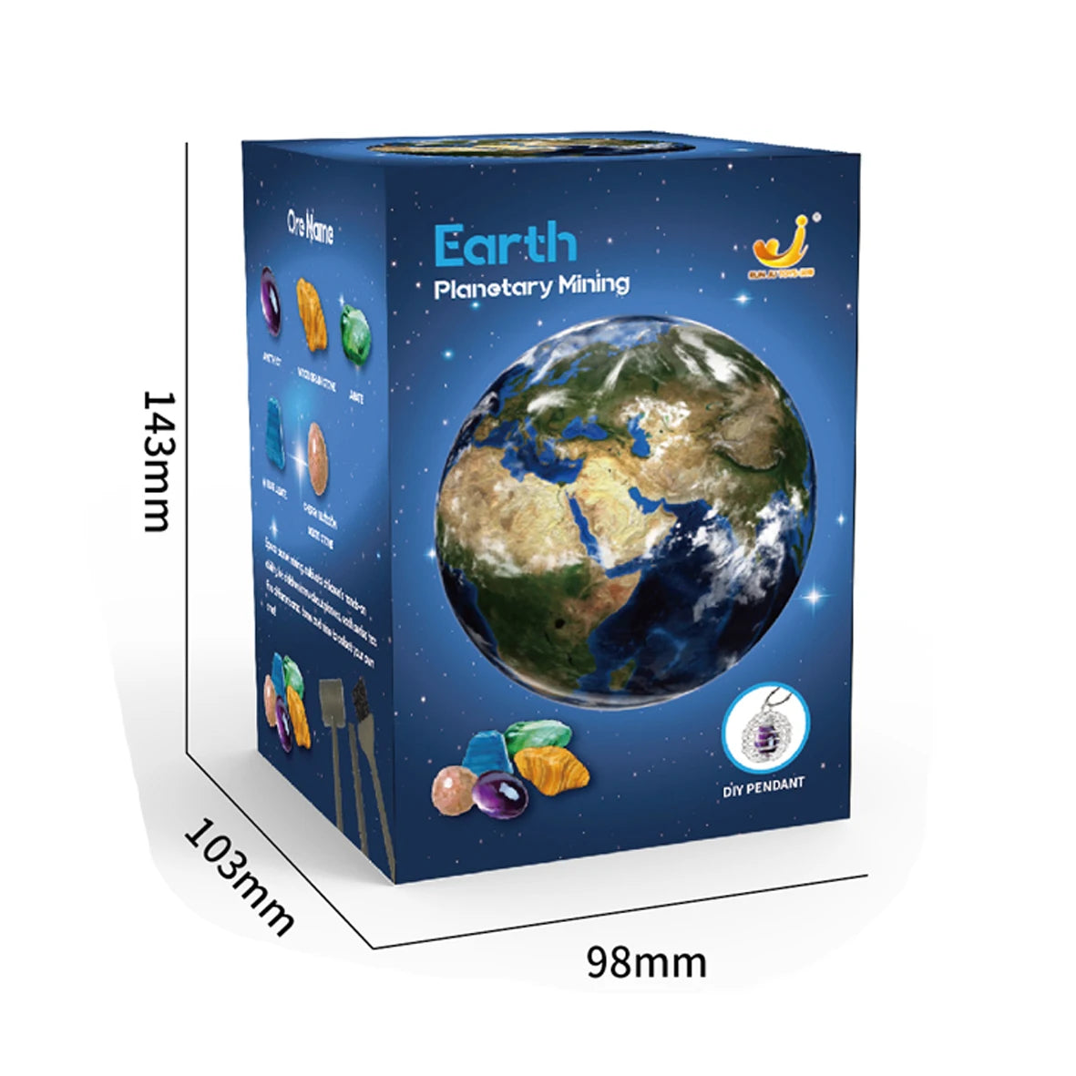 Box for Earth planetary mining toy featuring a globe design and colorful gem illustrations, labeled with dimensions.